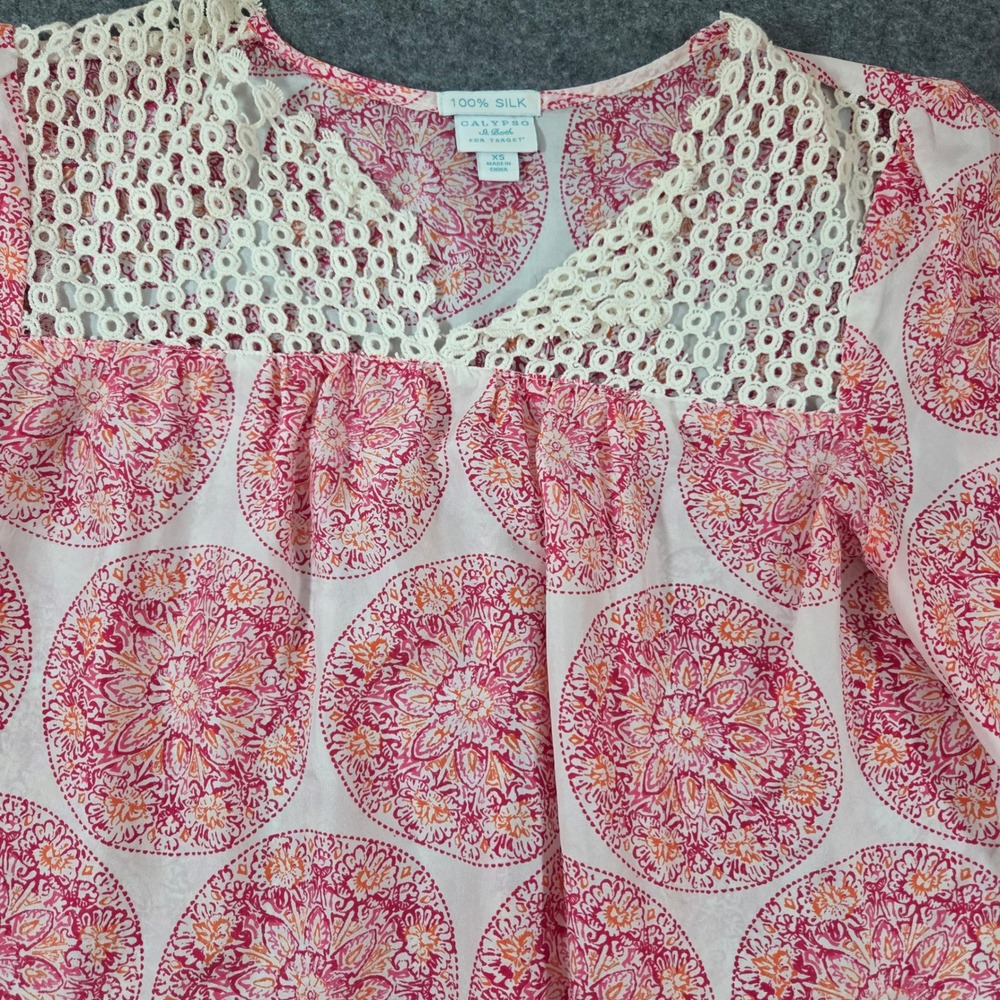 Calypso St Barth for Target Silk Medallion Blouse Pink Orange‎ Crochet XS